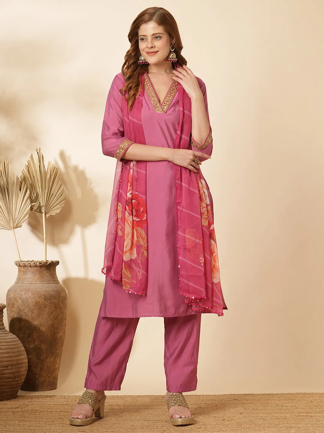 Ethnic Embroidered Straight Kurta with Pant & Floral Printed Dupatta - Purple