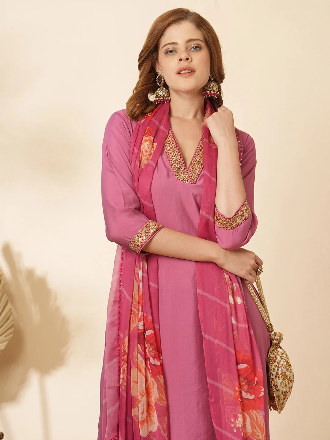 Ethnic Embroidered Straight Kurta with Pant & Floral Printed Dupatta - Purple