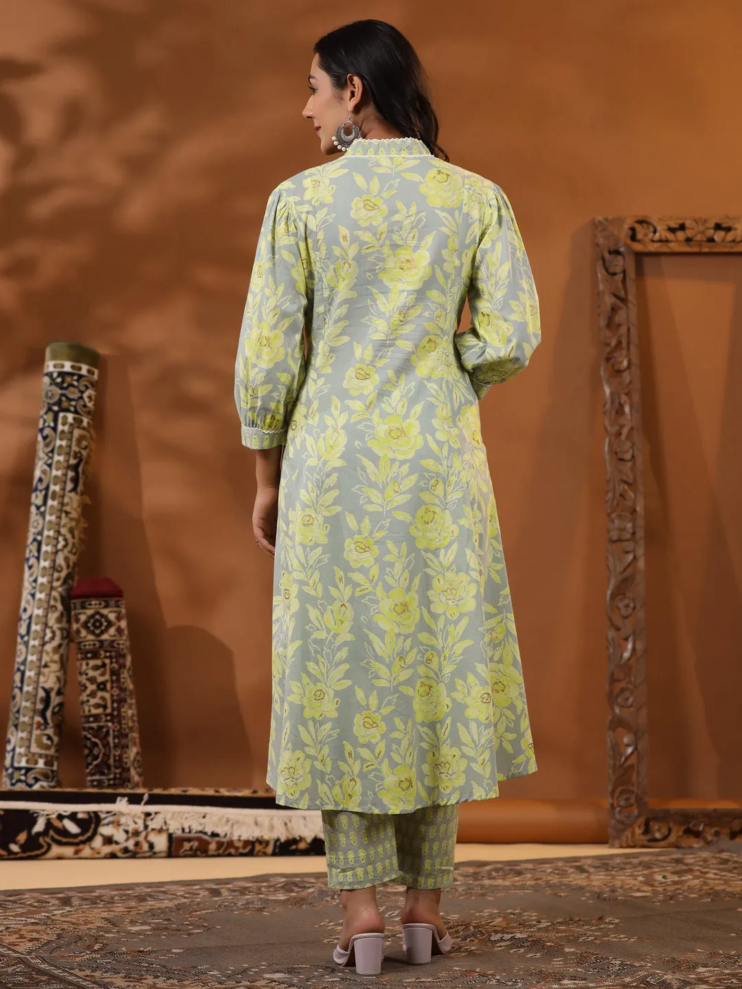 Ethnic Floral Foil Printed A-Line Paneled Kurta with Pant - Mint Green