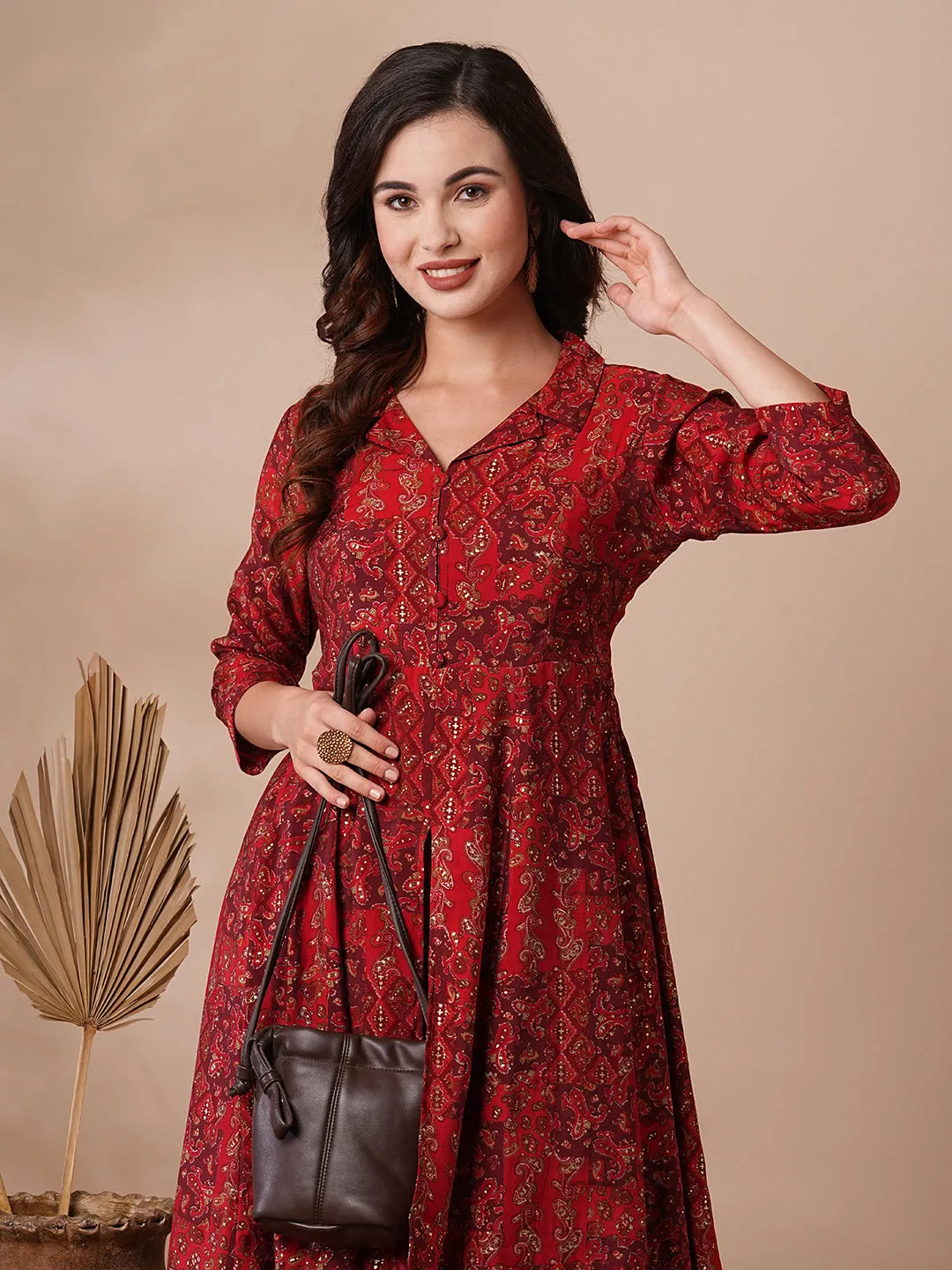 Ethnic Floral Foil Printed A-Line Paneled Kurta with Pant - Red