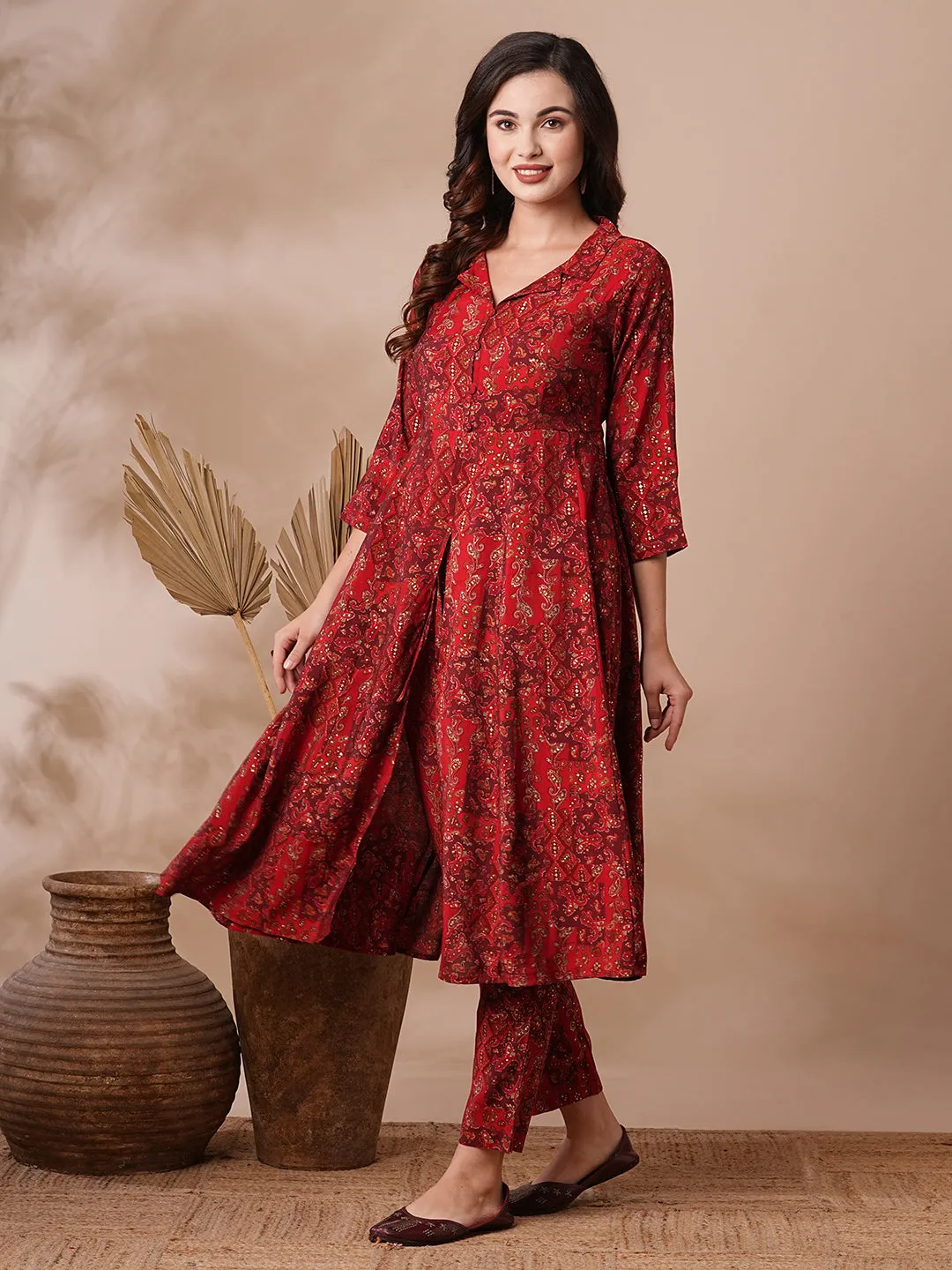 Ethnic Floral Foil Printed A-Line Paneled Kurta with Pant - Red