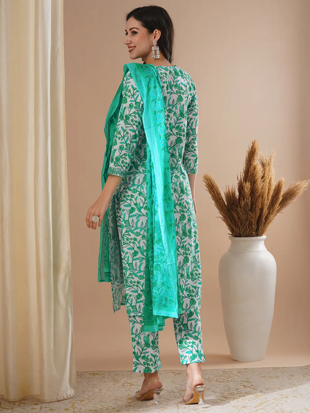 Ethnic Floral Foil Printed & Embroidered Straight Kurta with Pant & Dupatta - Green