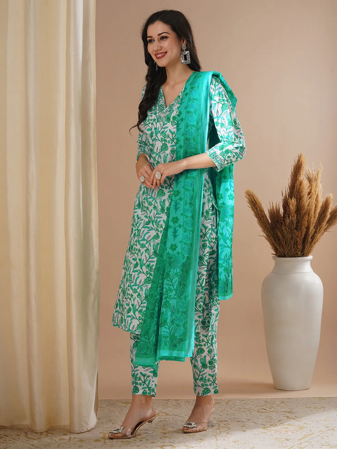 Ethnic Floral Foil Printed & Embroidered Straight Kurta with Pant & Dupatta - Green