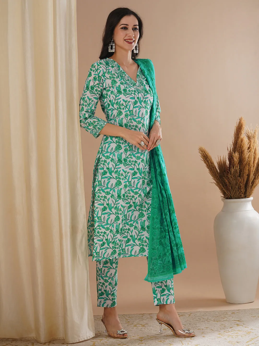 Ethnic Floral Foil Printed & Embroidered Straight Kurta with Pant & Dupatta - Green