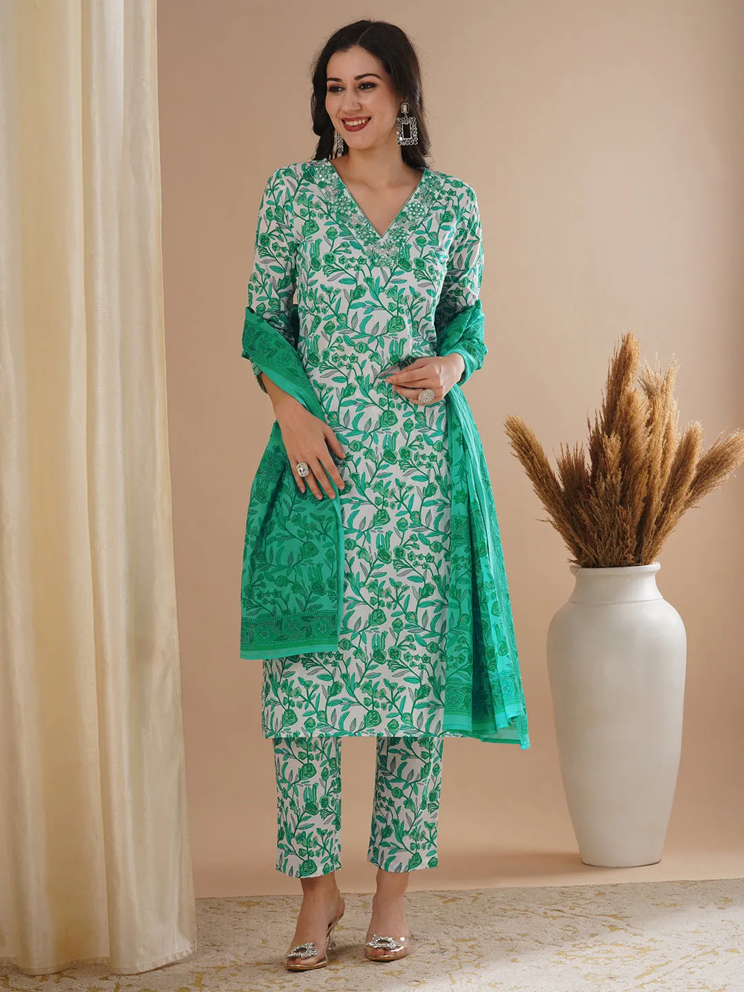 Ethnic Floral Foil Printed & Embroidered Straight Kurta with Pant & Dupatta - Green