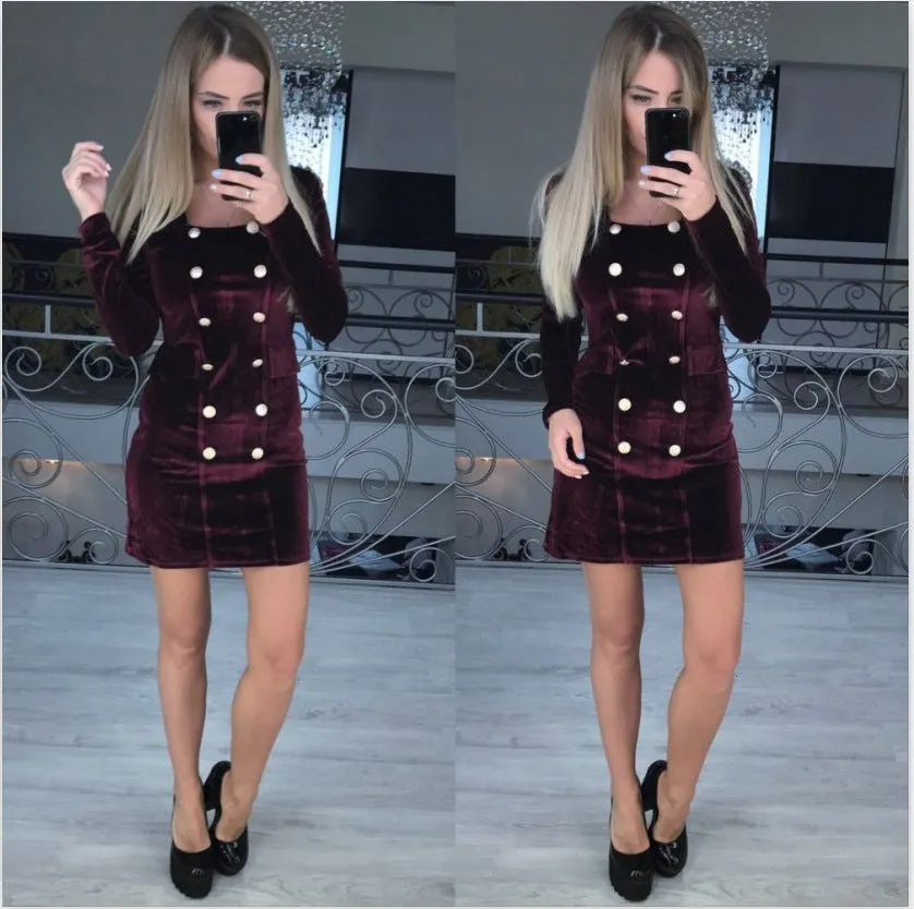 Fashion exquisite velvet double-breasted button bag hip dress