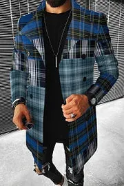 Fashion Patchwork Blue Check Casual Coat