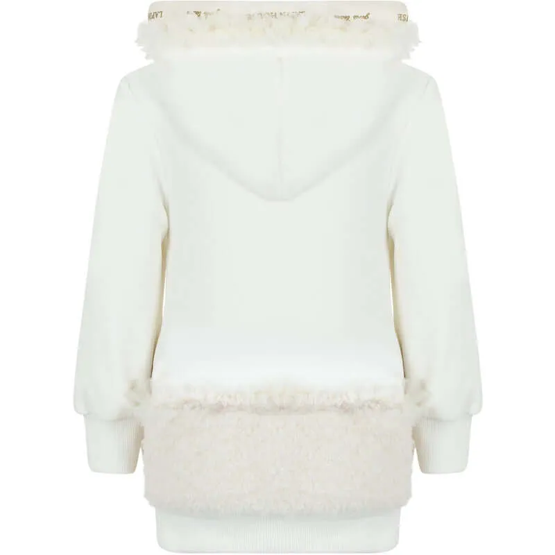 Girls White Faux Fur Hooded Dress