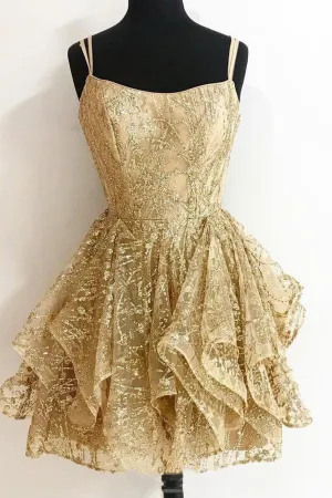 Gold Sequins Short Prom Dresses A-Line Homecoming Dresses