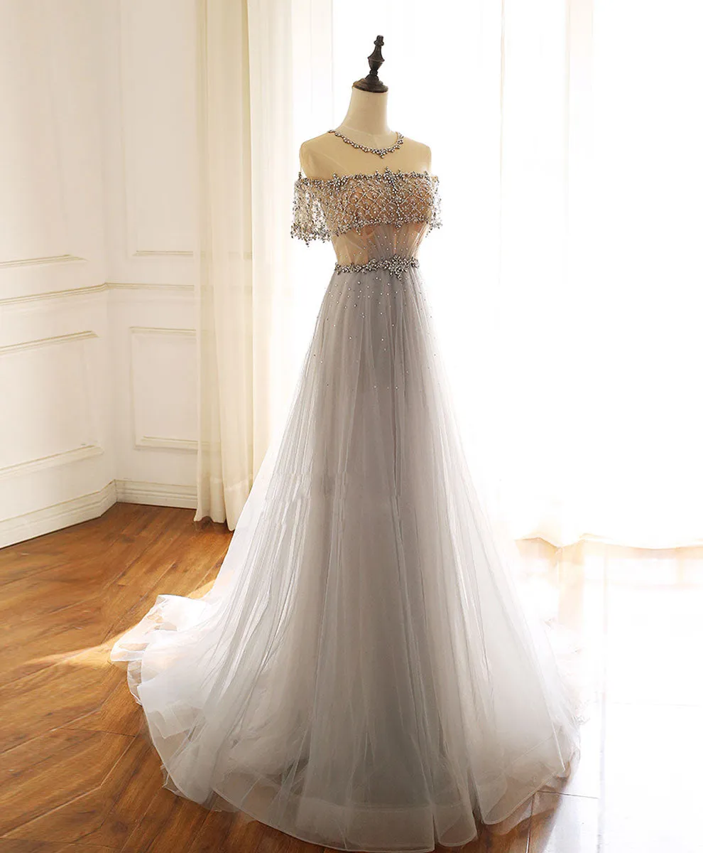 Gray Round Neck Tulle Beads Long Prom Dress Forma Graduation Dresses