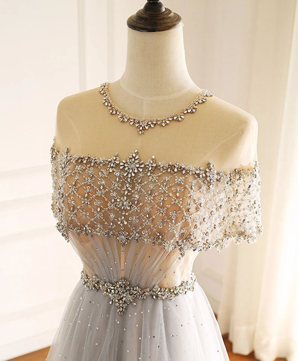 Gray Round Neck Tulle Beads Long Prom Dress Forma Graduation Dresses