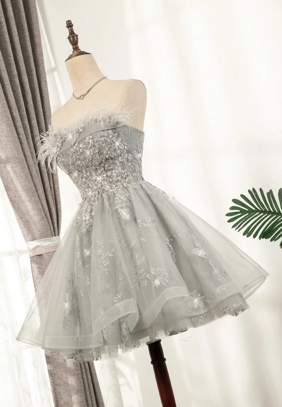 Gray Strapless Feather Short Prom Dresses Cute Party Dresses