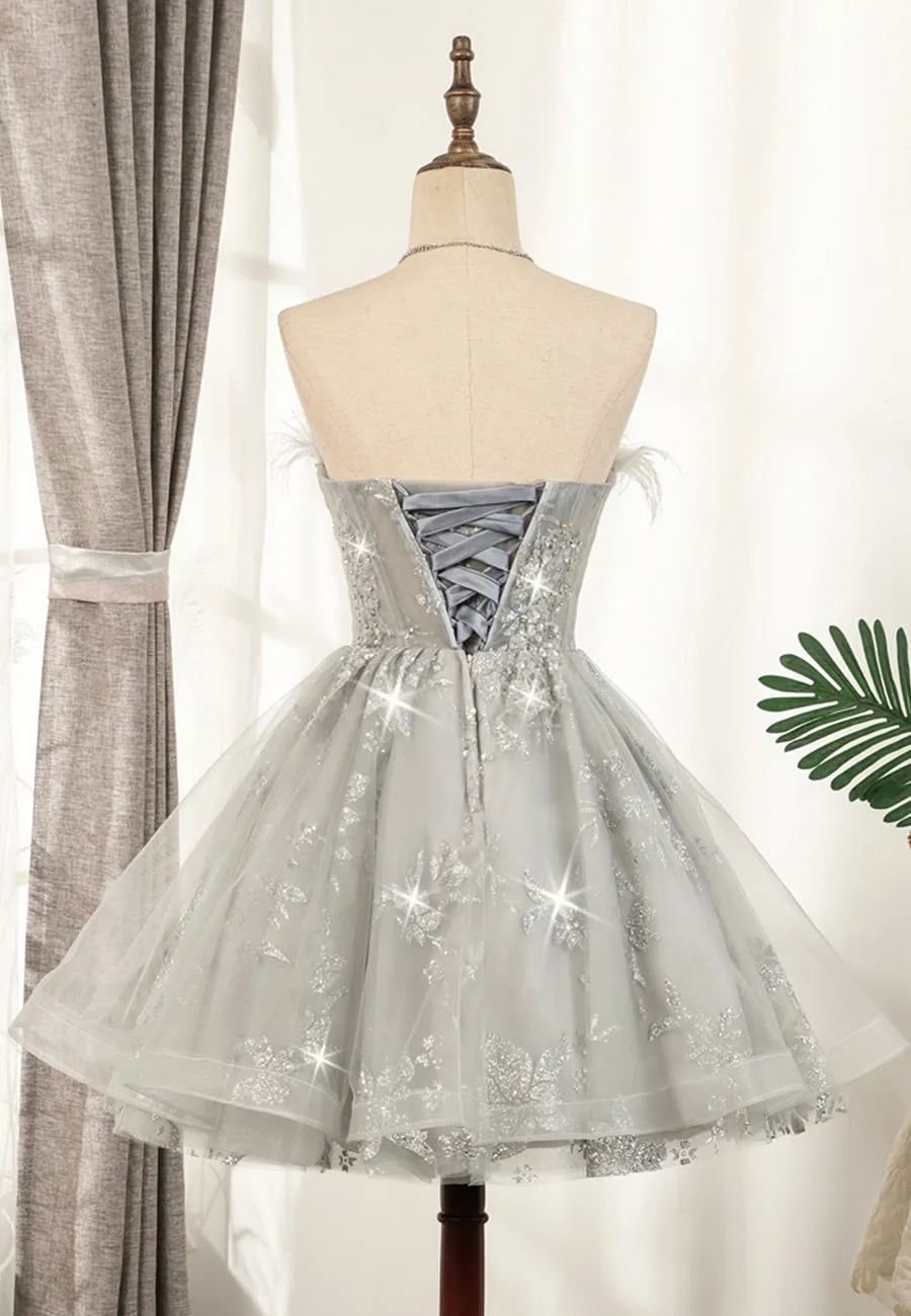 Gray Strapless Feather Short Prom Dresses Cute Party Dresses