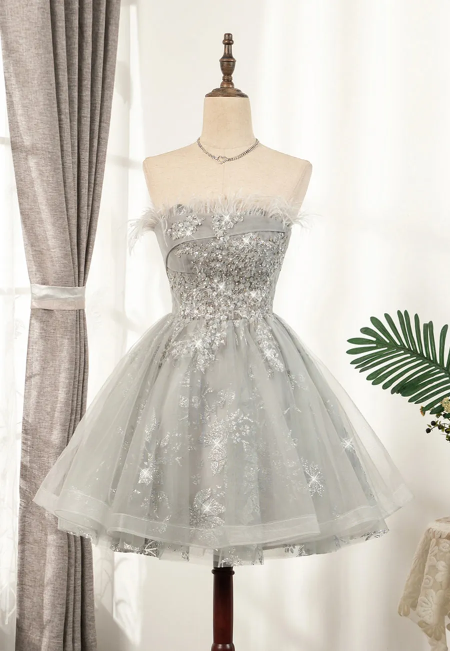 Gray Strapless Feather Short Prom Dresses Cute Party Dresses