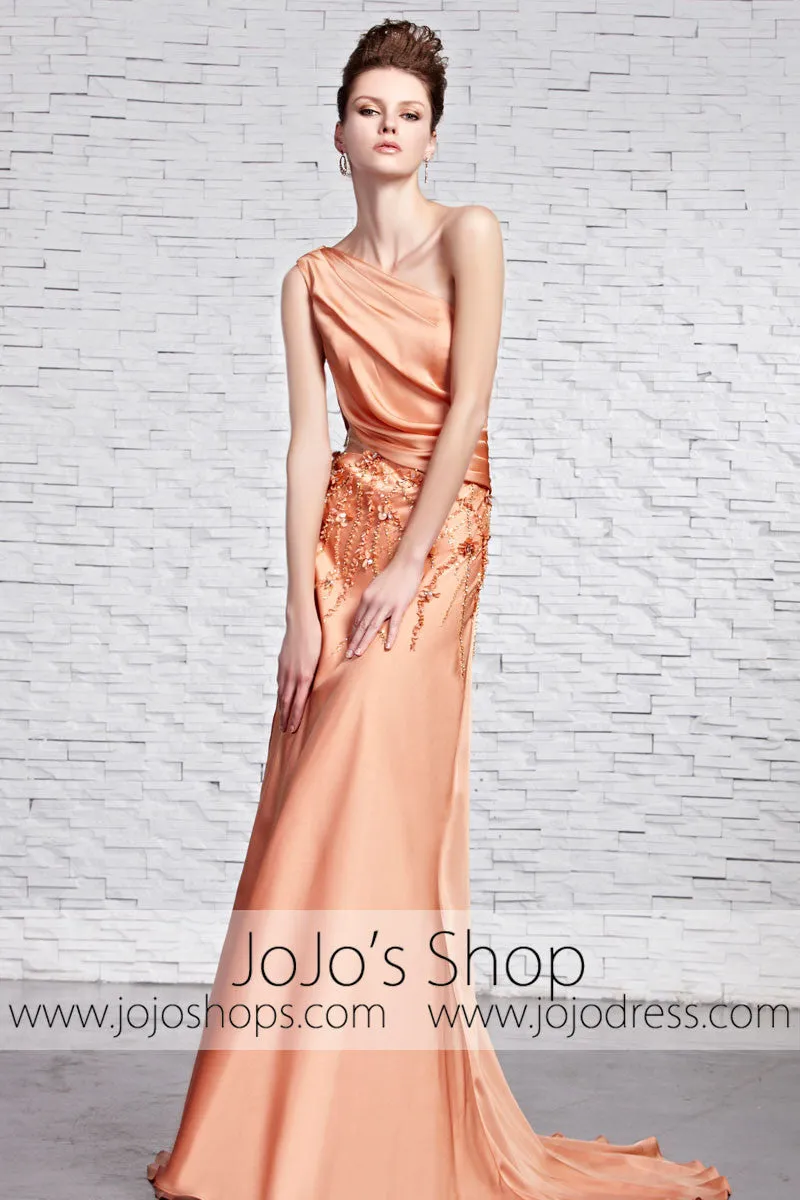 Grecian Orange Silky Sleek One Shoulder Black Tie Evening Dress CX881368