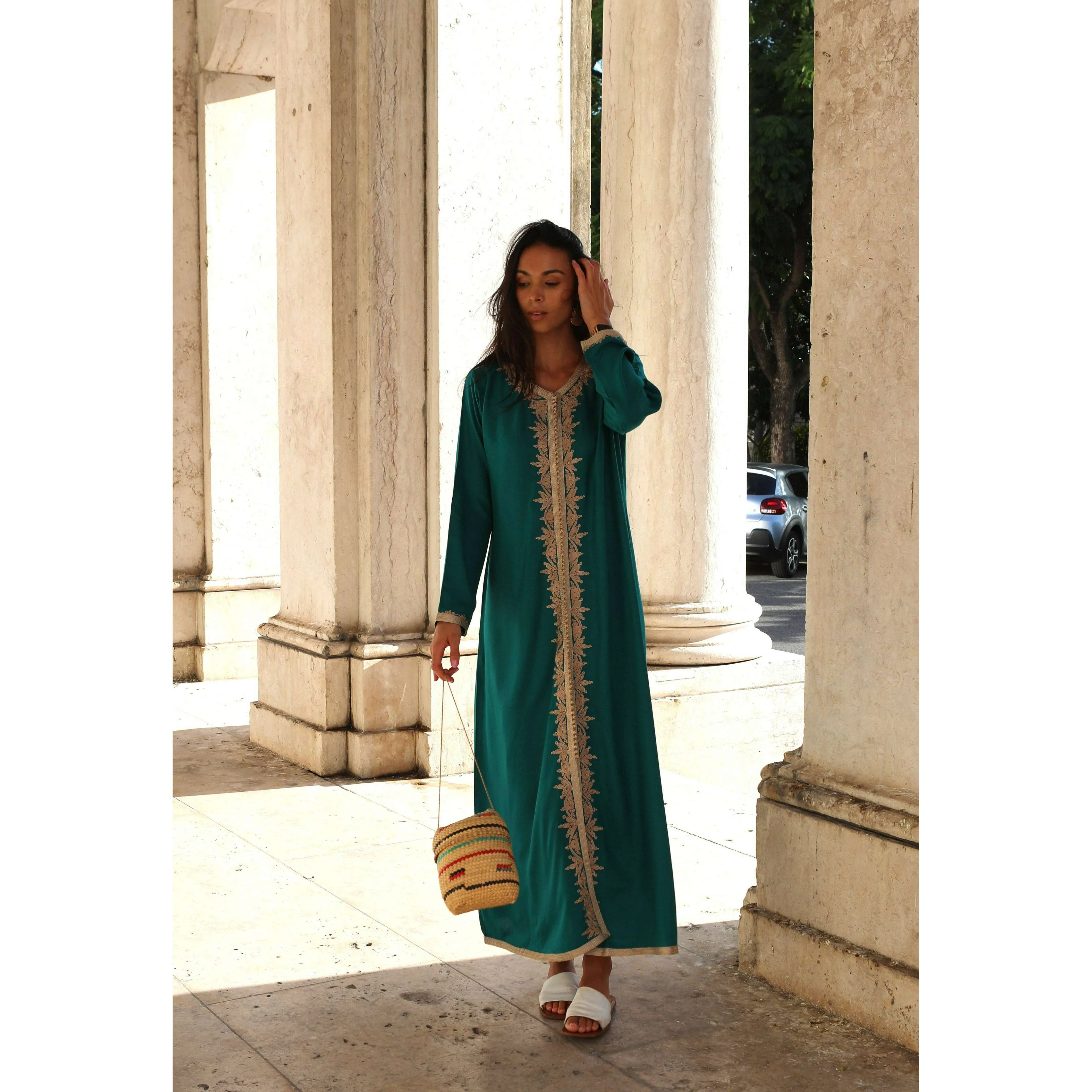 Green Beige Karima Kaftan Caftan-Moroccan Kaftan