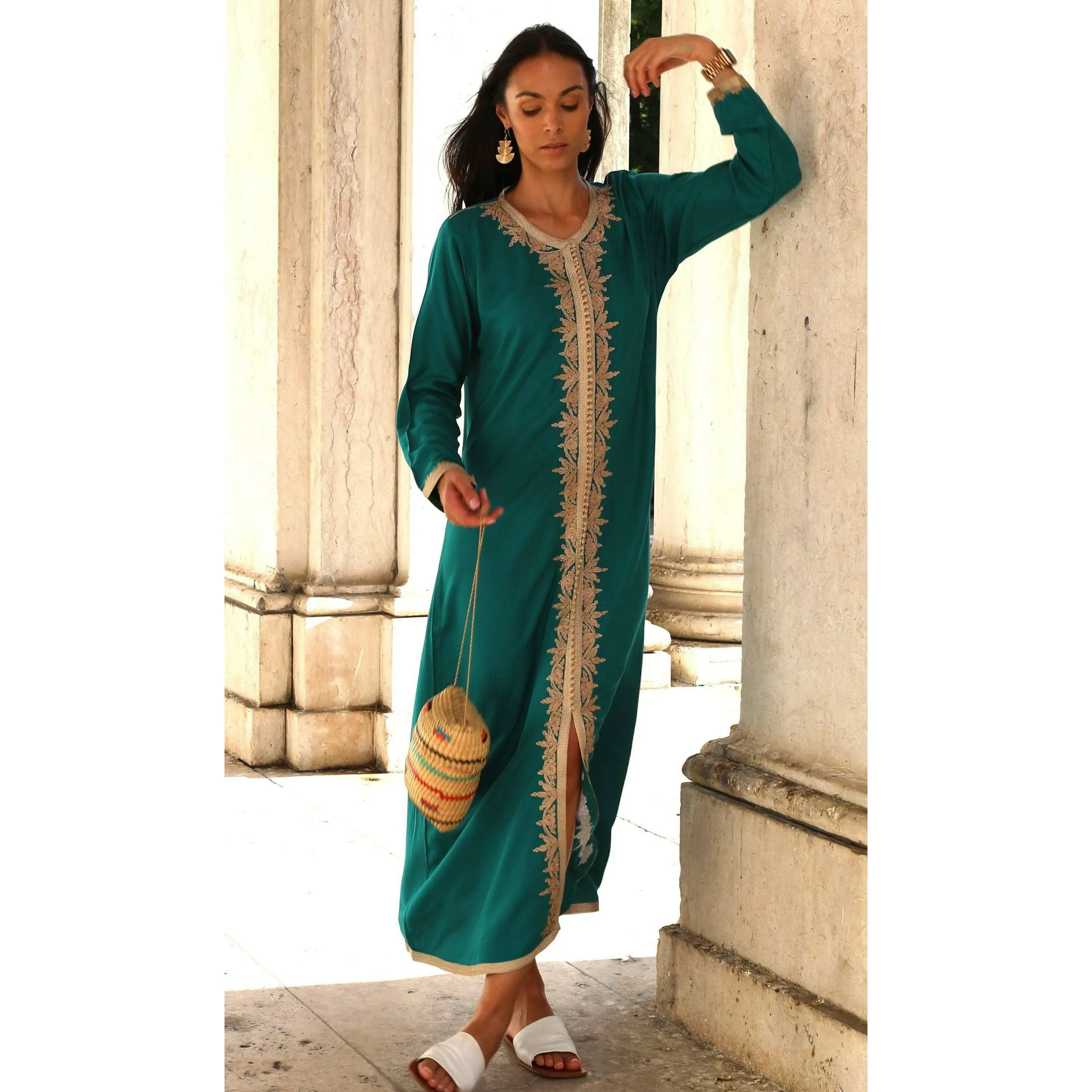 Green Beige Karima Kaftan Caftan-Moroccan Kaftan