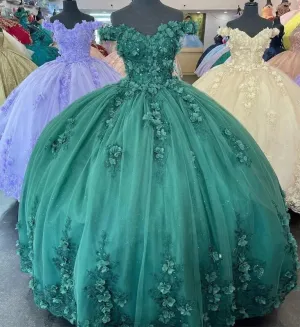 Green Quinceanera Dresses 3D Flower Applique Vestidos De 15 Anos