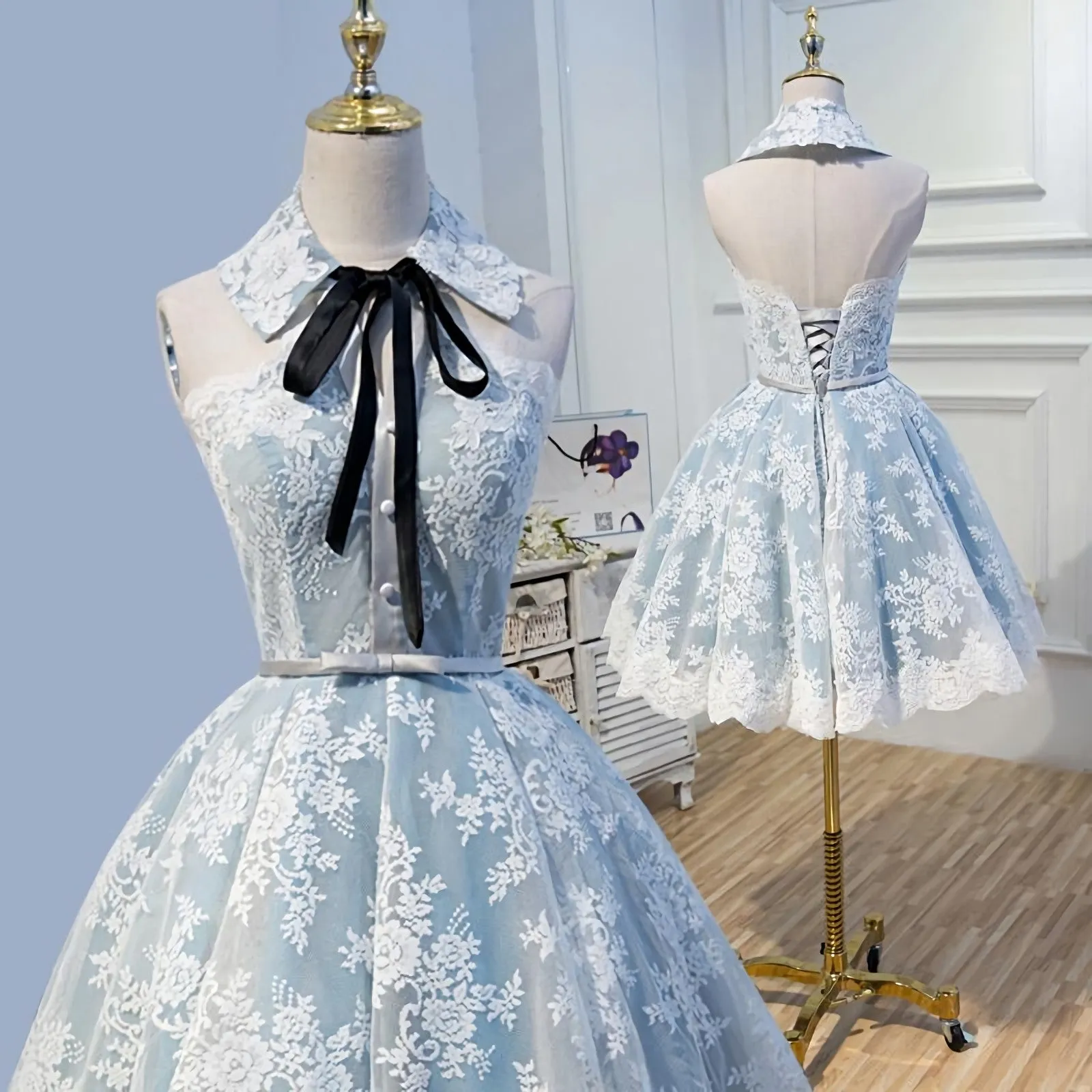 Halter Light Sky Blue Lace Appliques Homecoming Dresses With Lace Up Cocktail Dresses