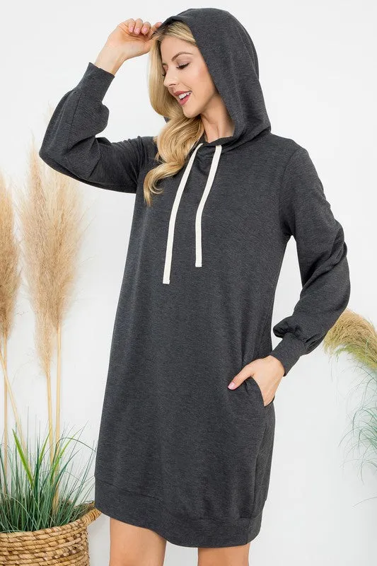 Happiness Begins Here - French Terry Long Sleeve Puff Hoodie Dress