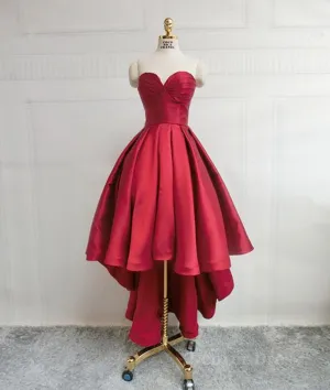 High Low Sweetheart Neck Strapless Backless Satin Red Prom Dresses Red Graduation Dresses Red Backless Formal Evening Dresses