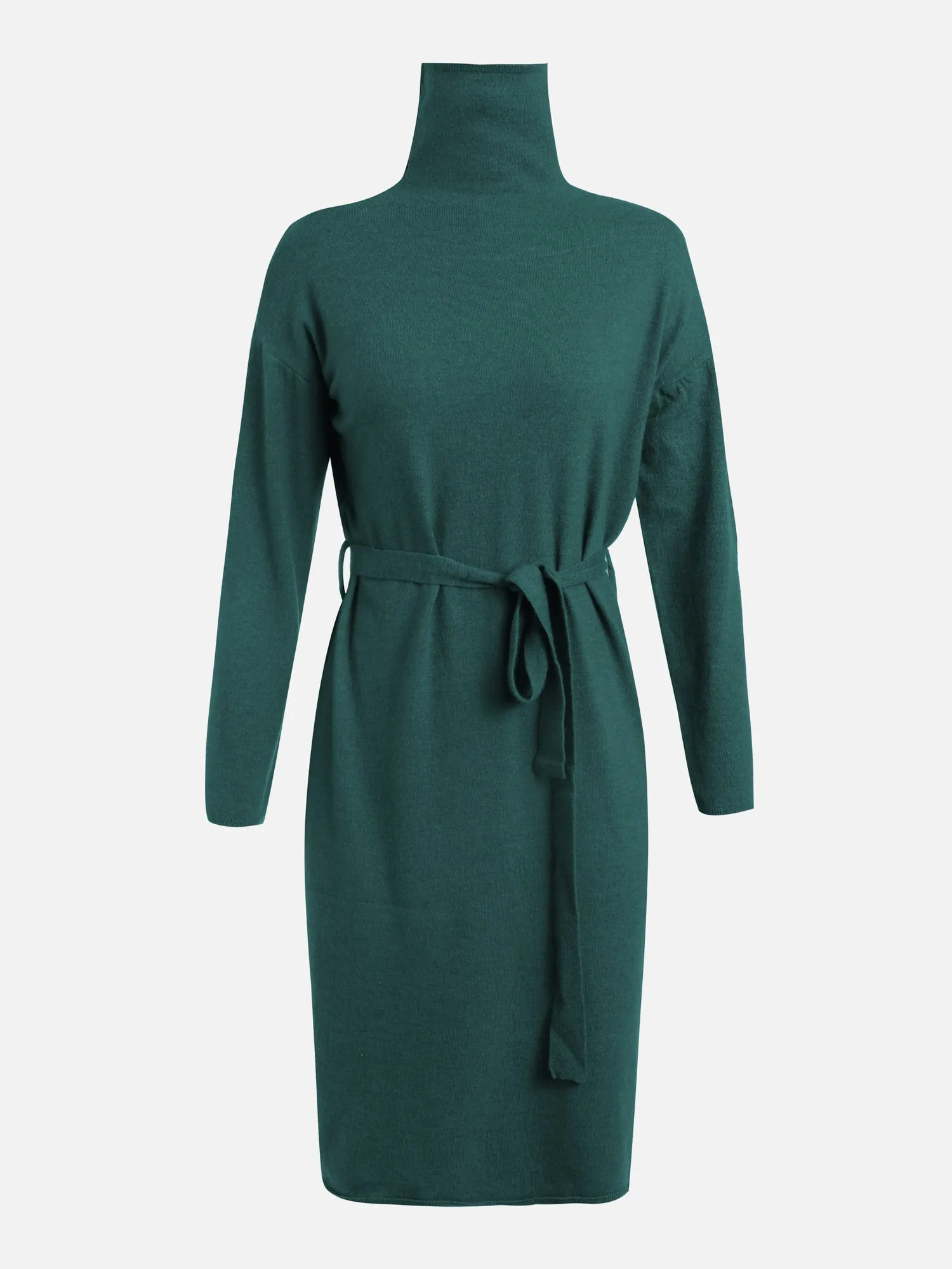 Knitted Turtle Neck Lace-Up Waist Midi Dress (Dark Green)