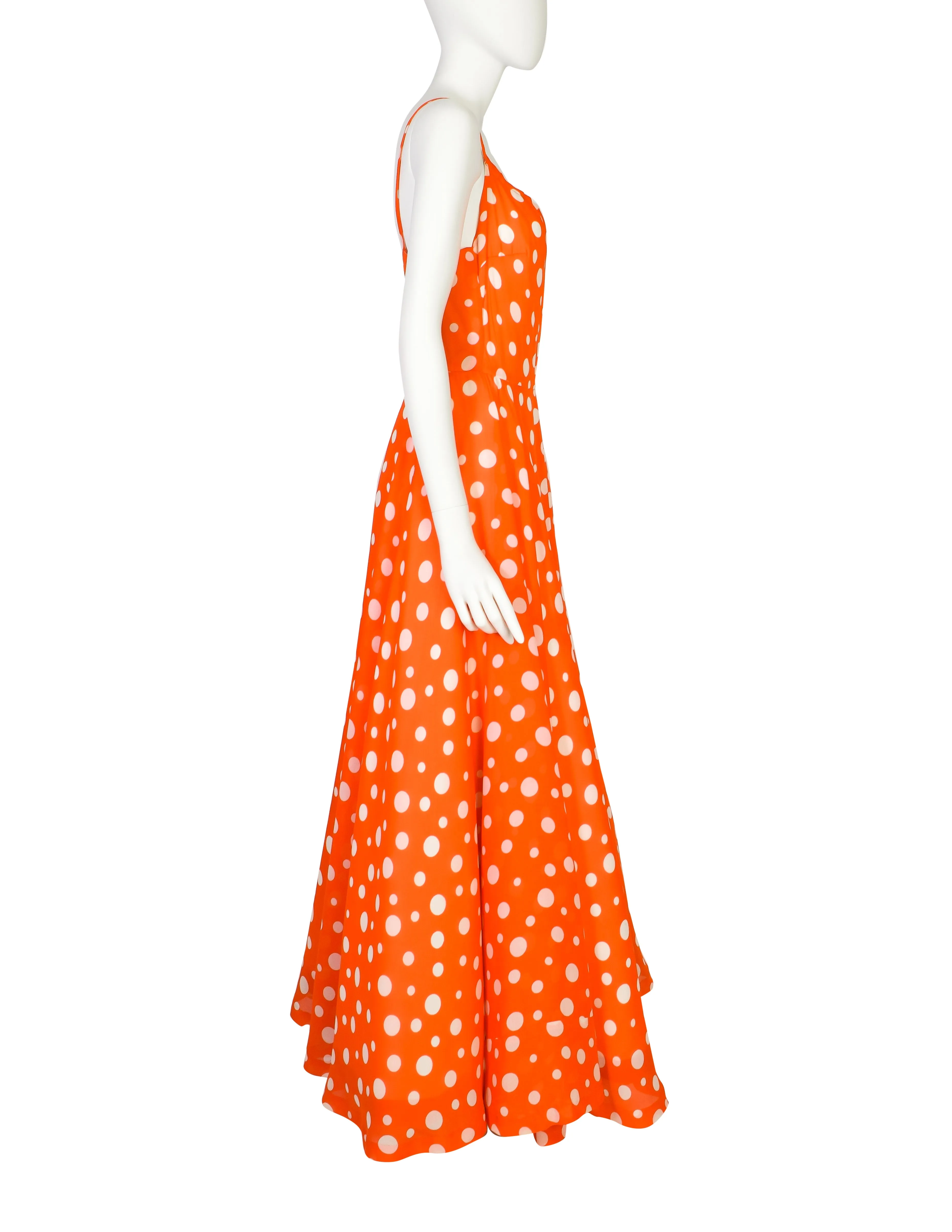 Lanvin Vintage 1973 Red White Polka Dot Chiffon Full Skirt Maxi Dress Gown