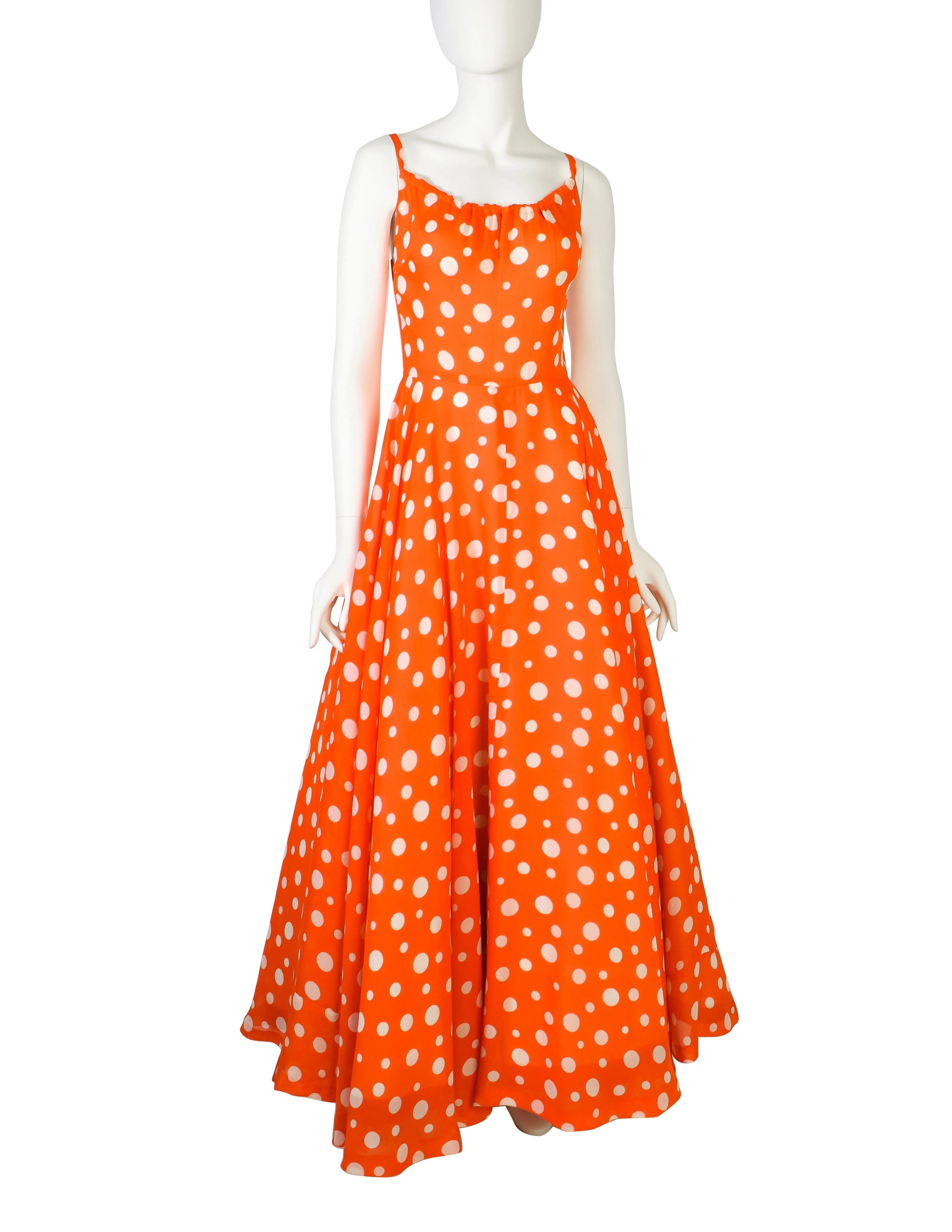 Lanvin Vintage 1973 Red White Polka Dot Chiffon Full Skirt Maxi Dress Gown