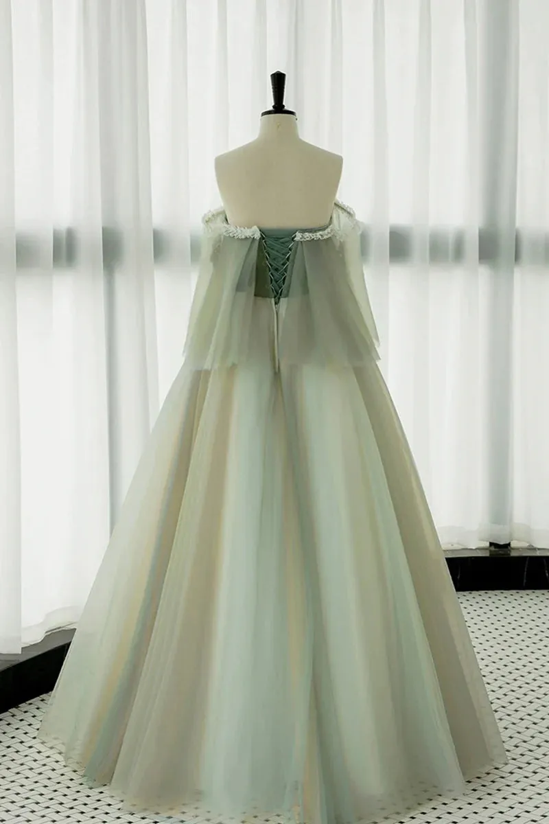 Light Green Prom Dress Strapless A-line Tulle Prom Dresses Unique Evening Dresses