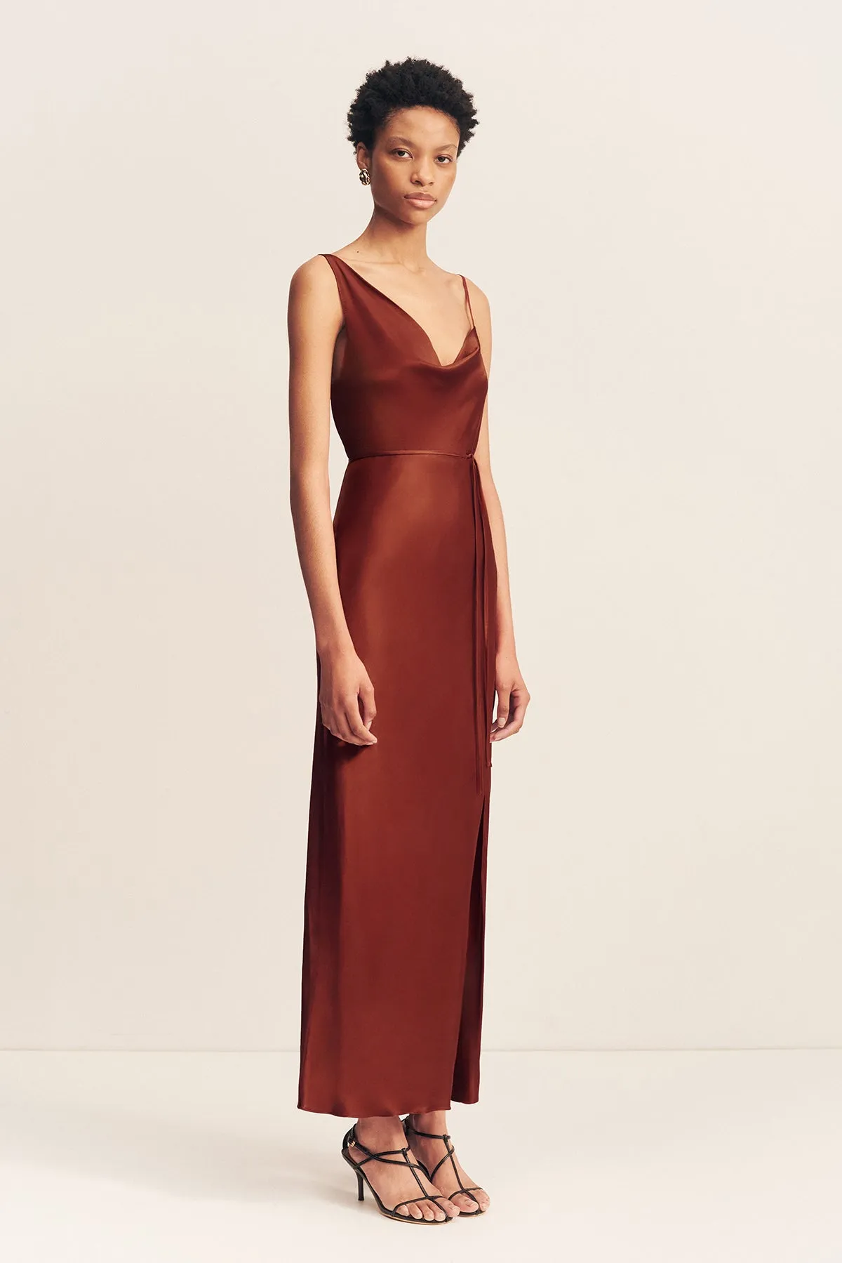 LINO DRAPED SIDE SPLIT MIDI DRESS - MAHOGANY