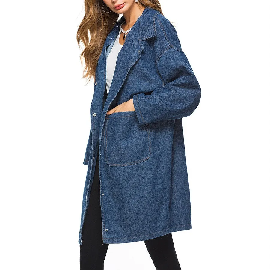 Loose Casual Large Size Hat Detachable Denim Trench Coat