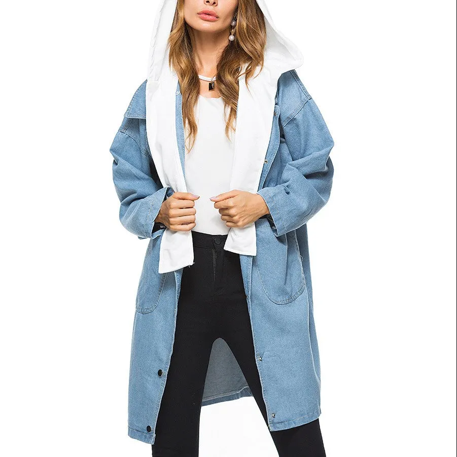 Loose Casual Large Size Hat Detachable Denim Trench Coat