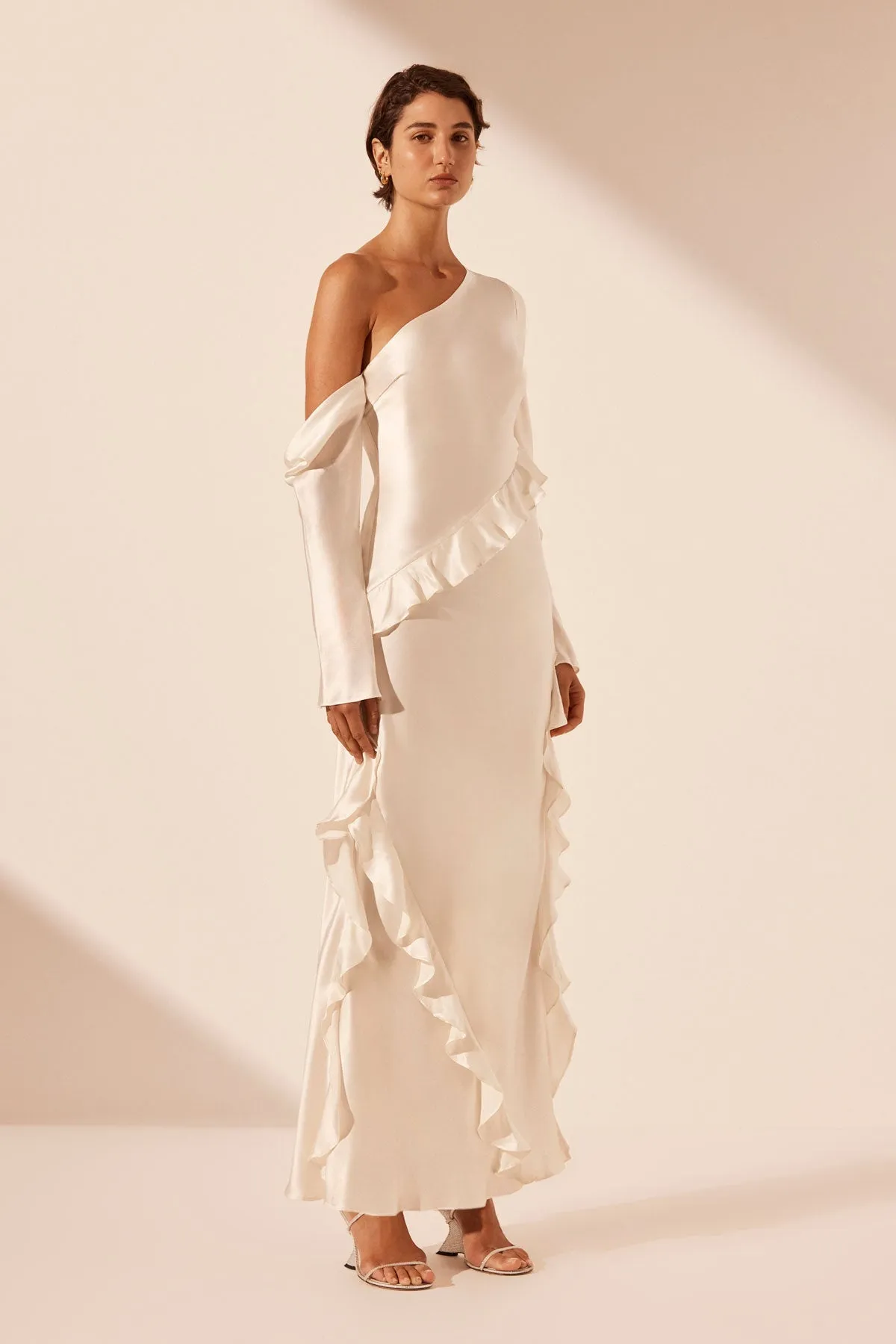 LOUELLA SILK ASYMMETRICAL LONG SLEEVE RUFFLE MAXI DRESS - IVORY