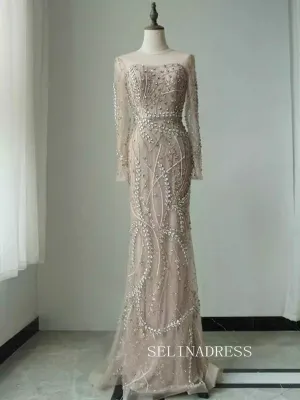 Luxurious Champagne Arabic Long Sleeves Beaded Long Formal Evening Dress With Skirt ALI0012