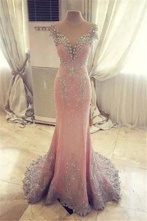 Luxurious Crystal Pink Mermaid Evening Dress Zipper Button Back