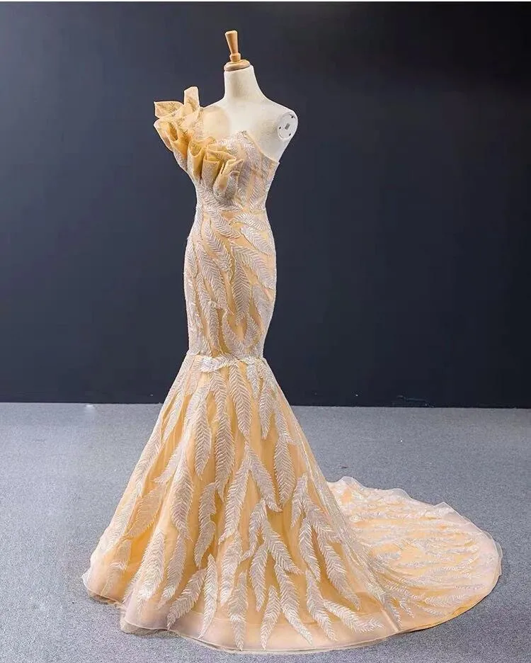 Luxurious Mermaid One Shoulder Long Prom Dress Gorgeous Yellow Evening Dresses UQ2413