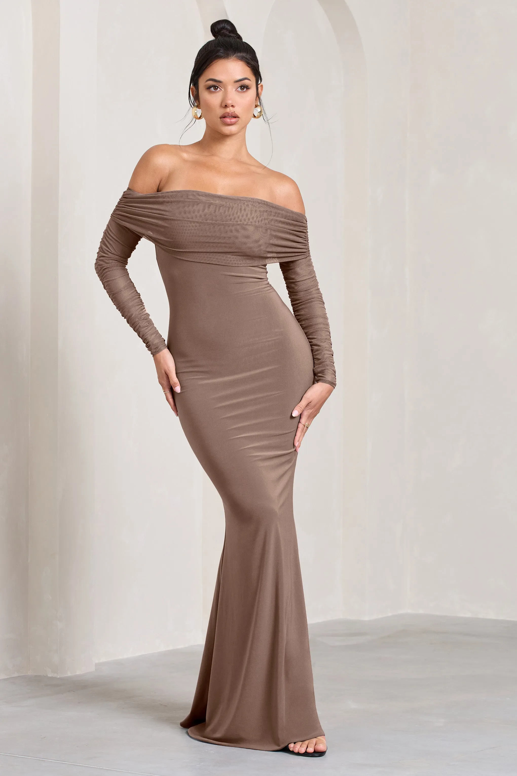 Madeleine | Mocha Fishtail Maxi Dress With Bardot Mesh Long Sleeves