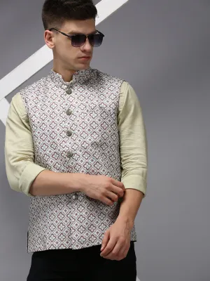 Men Mandarin Collar Printed Fluorescent Green Nehru Jacket