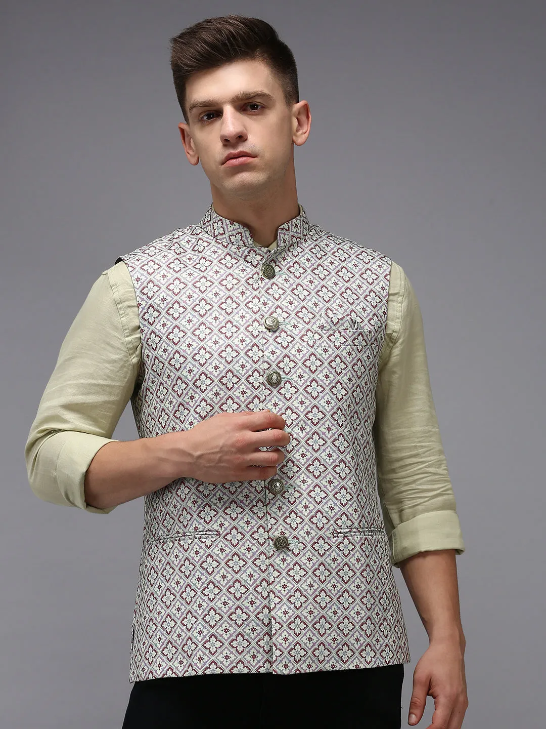 Men Mandarin Collar Printed Fluorescent Green Nehru Jacket