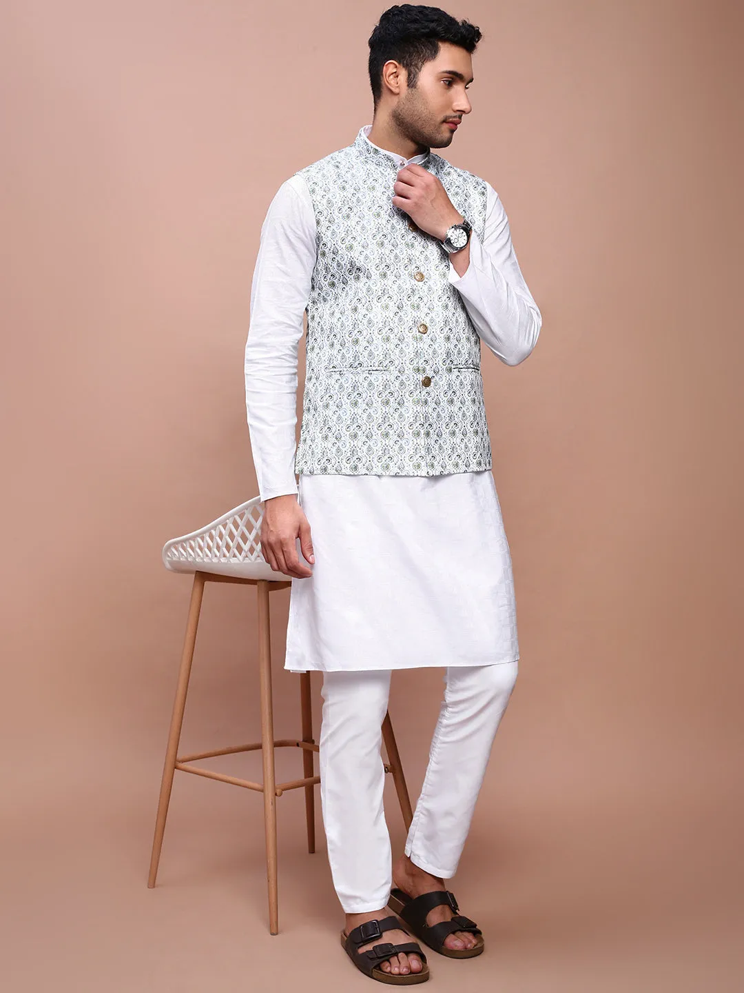 Men Printed Green Slim Fit Nehru Jacket