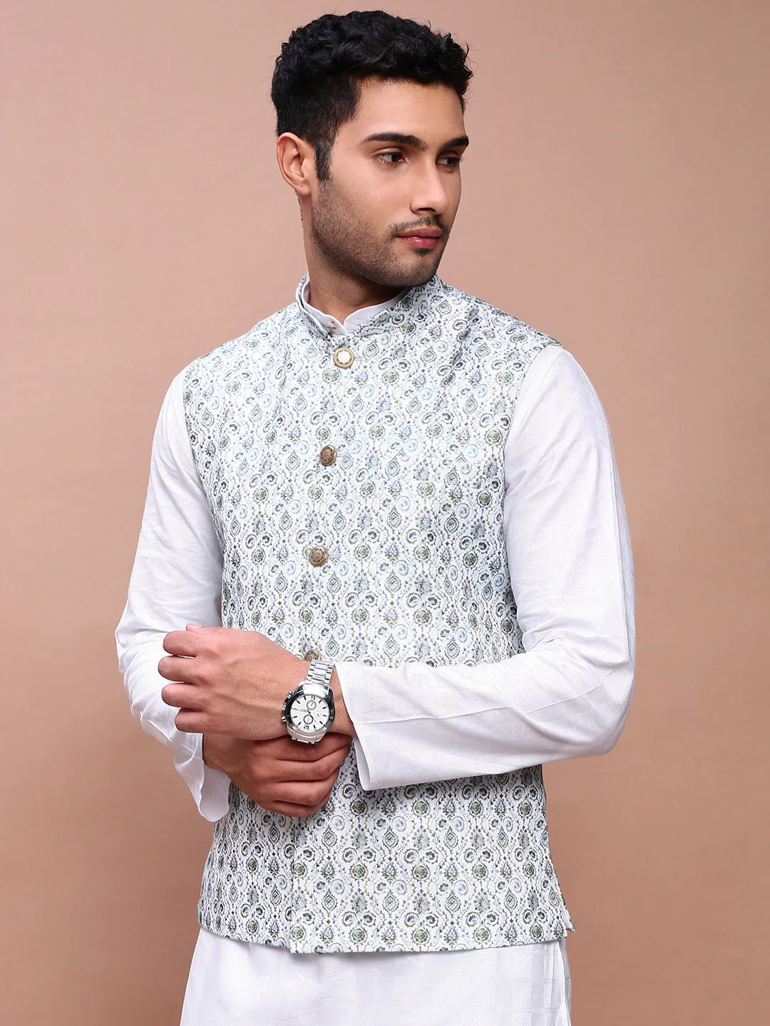 Men Printed Green Slim Fit Nehru Jacket