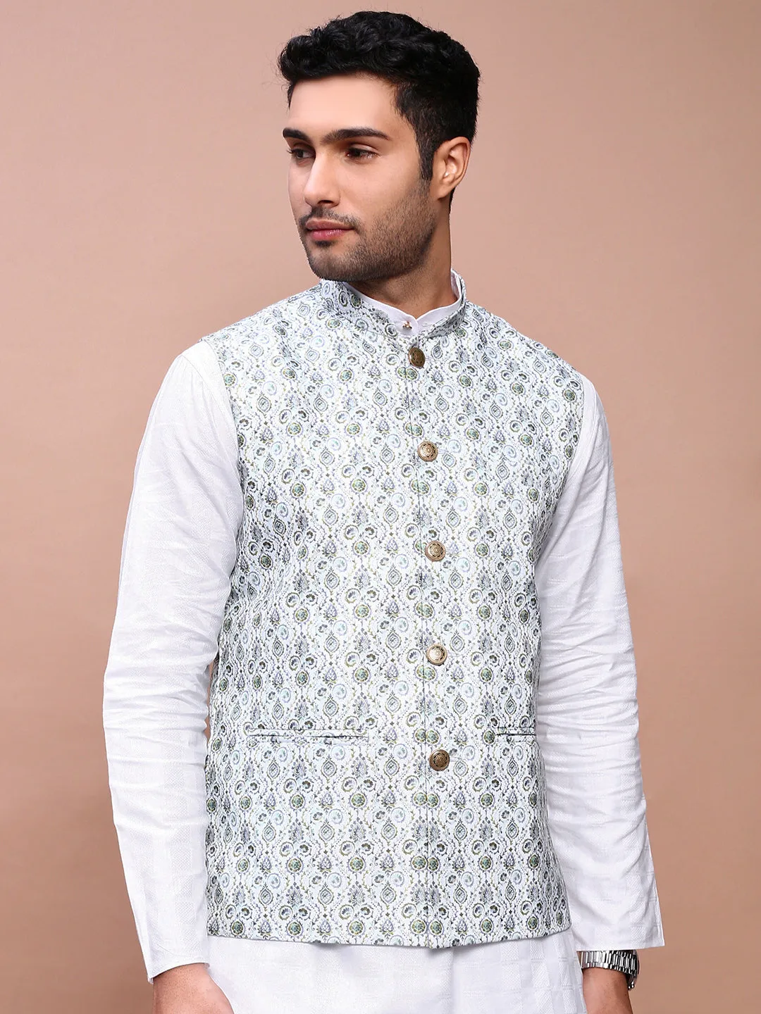 Men Printed Green Slim Fit Nehru Jacket