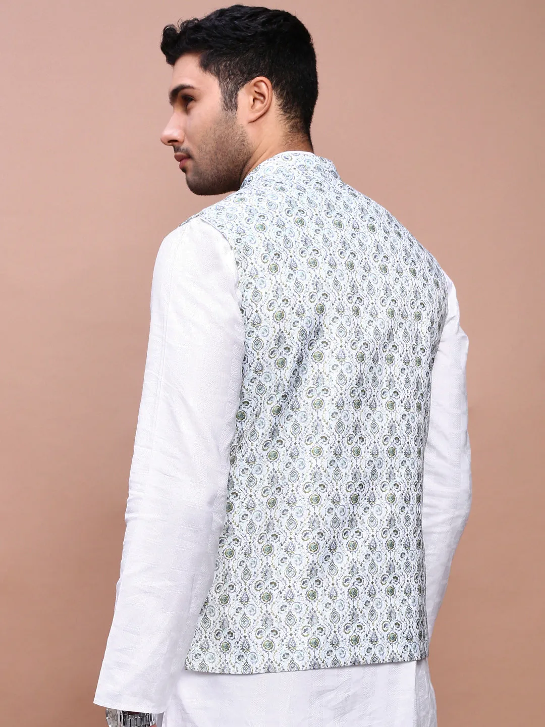 Men Printed Green Slim Fit Nehru Jacket