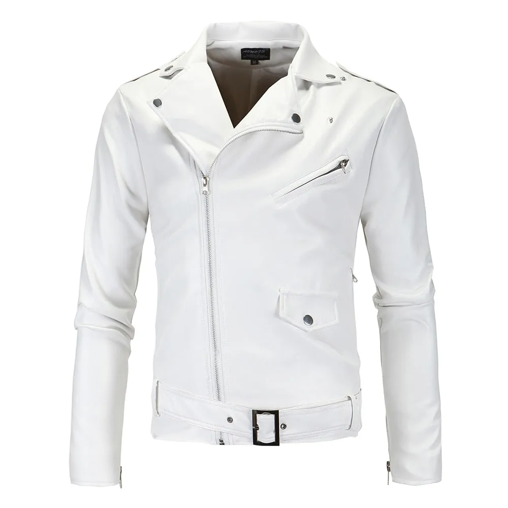 Men Slim White Leather Jackets Oblique Zipper Motorcycle Jackets New Men Outwear Moto Biker Leather Coats