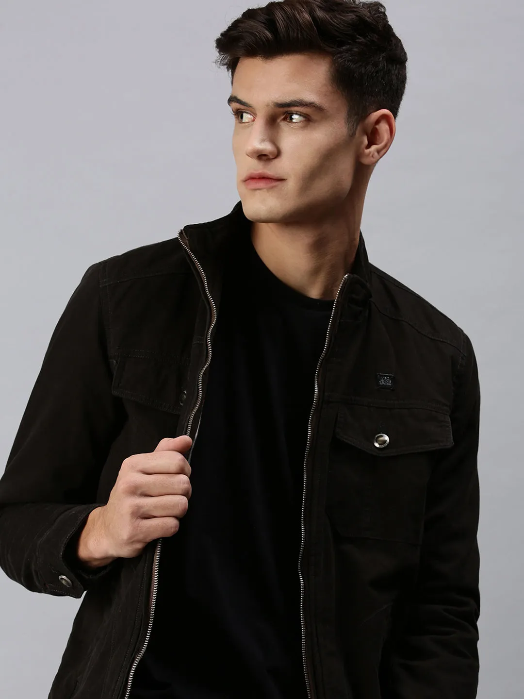 Men Solid Black Biker Jacket