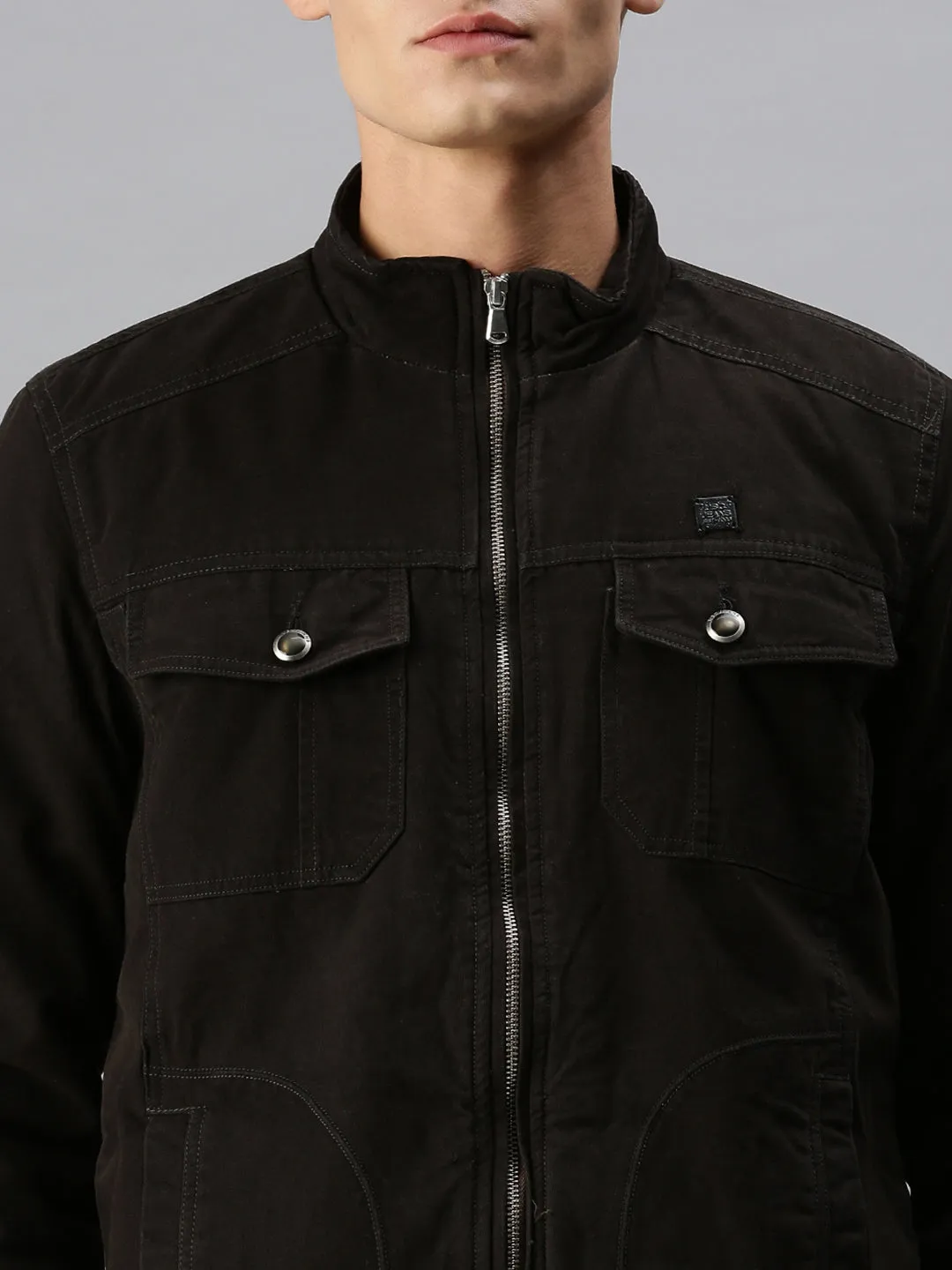 Men Solid Black Biker Jacket