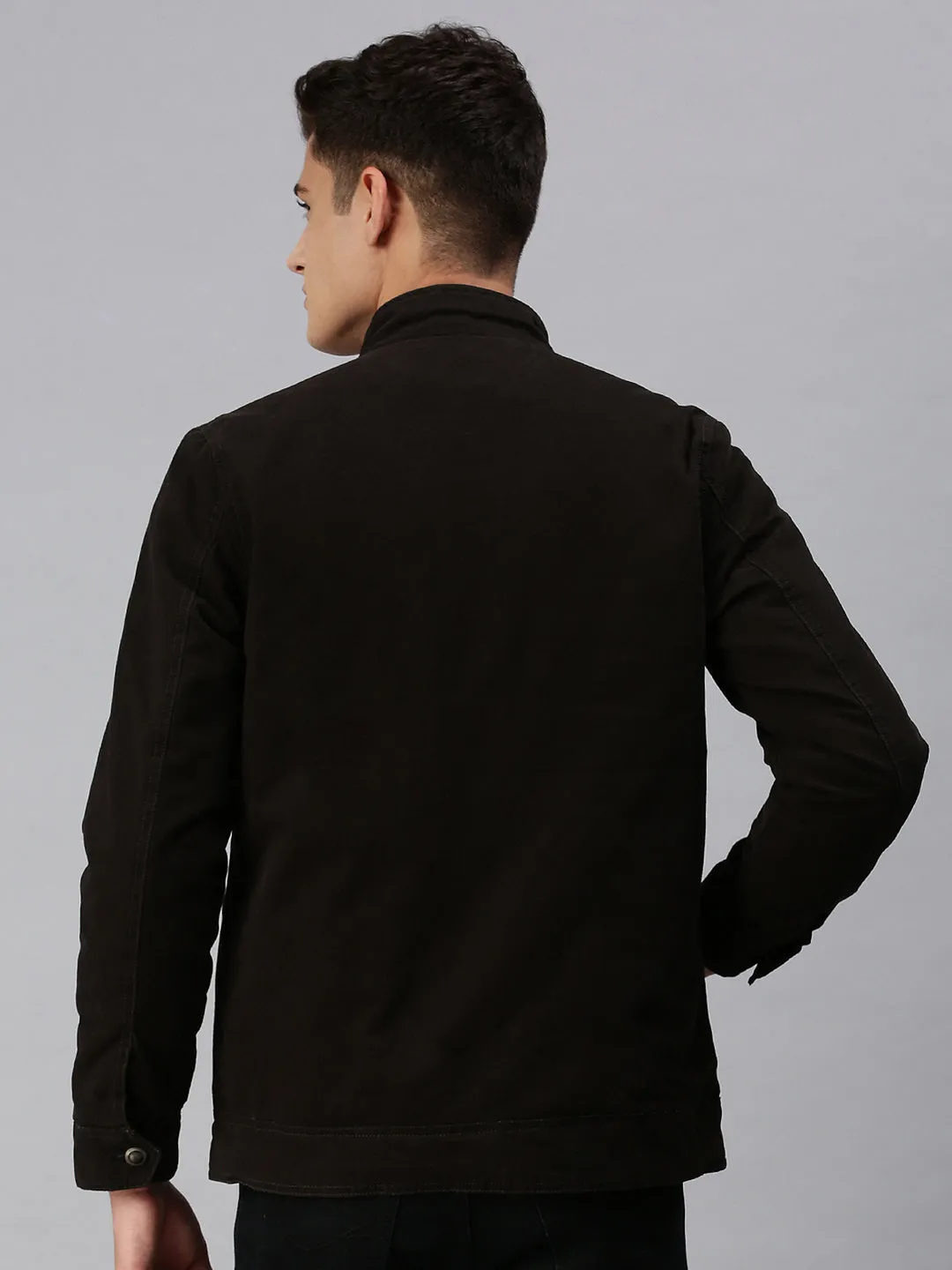 Men Solid Black Biker Jacket