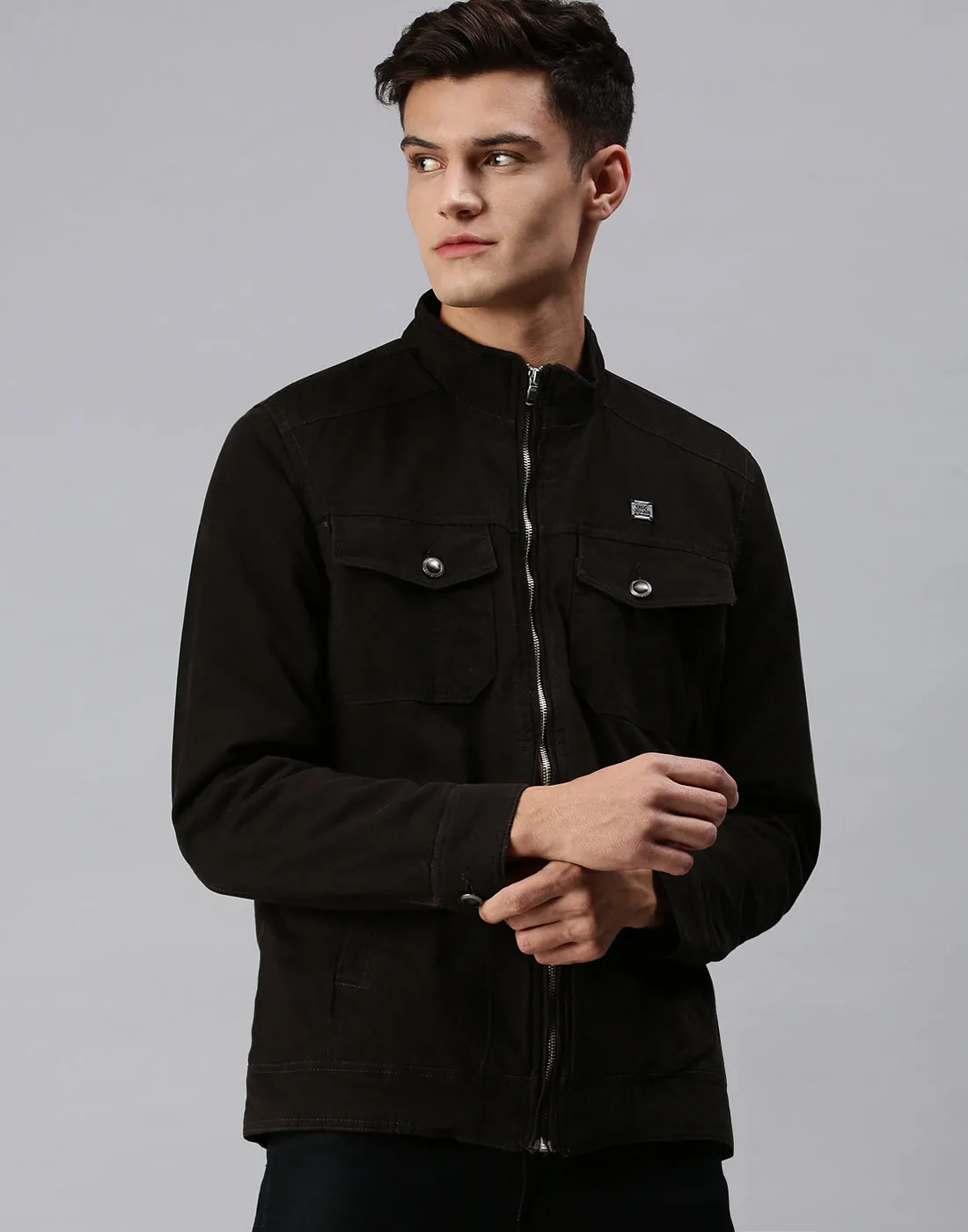 Men Solid Black Biker Jacket