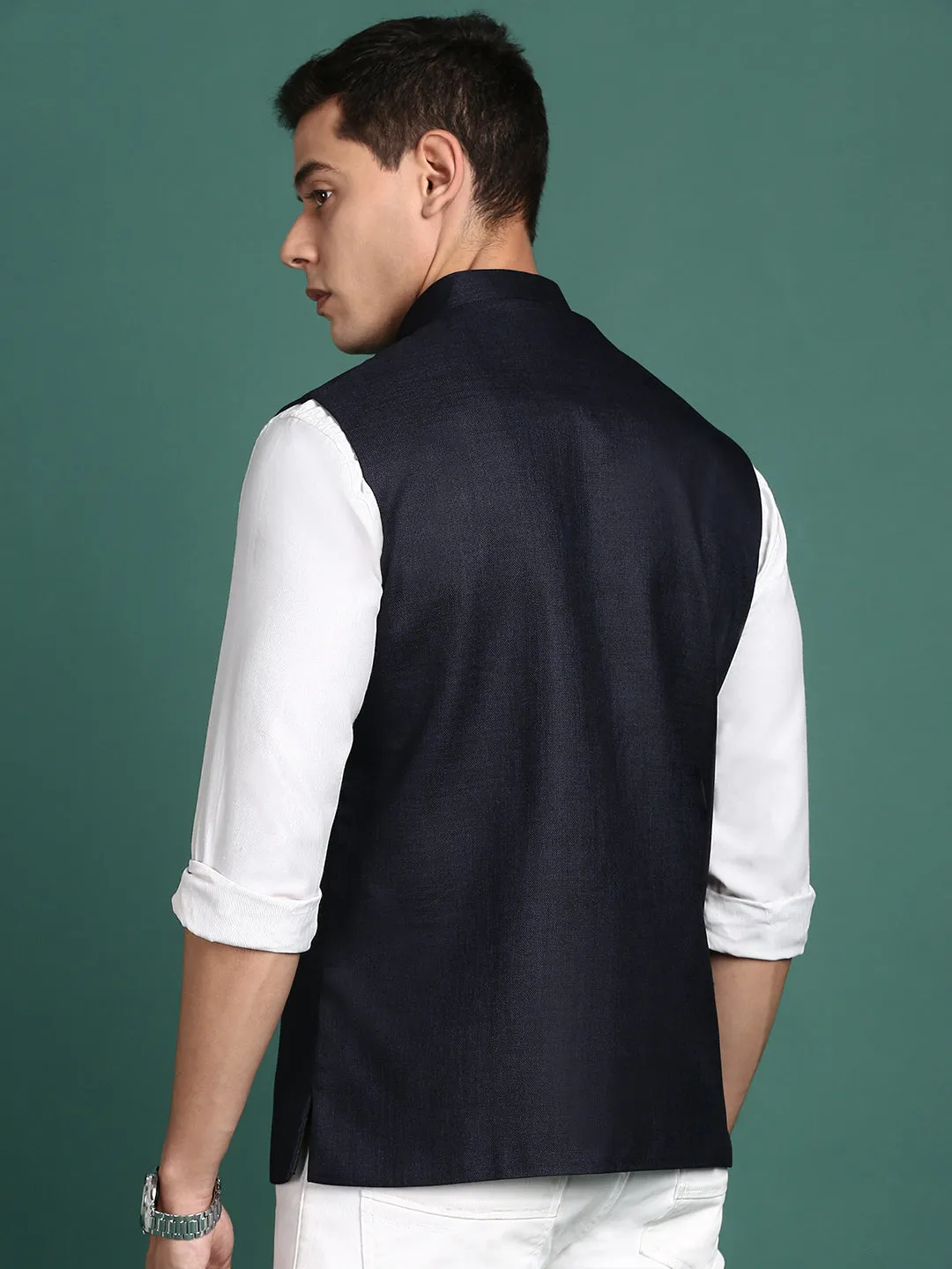 Men Solid Navy Blue Slim Fit Nehru Jacket