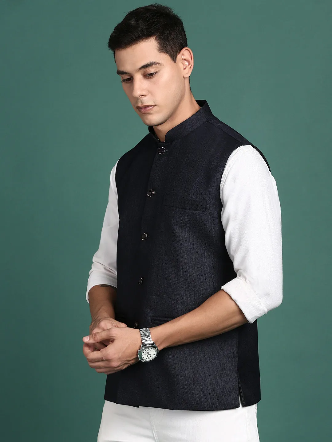 Men Solid Navy Blue Slim Fit Nehru Jacket